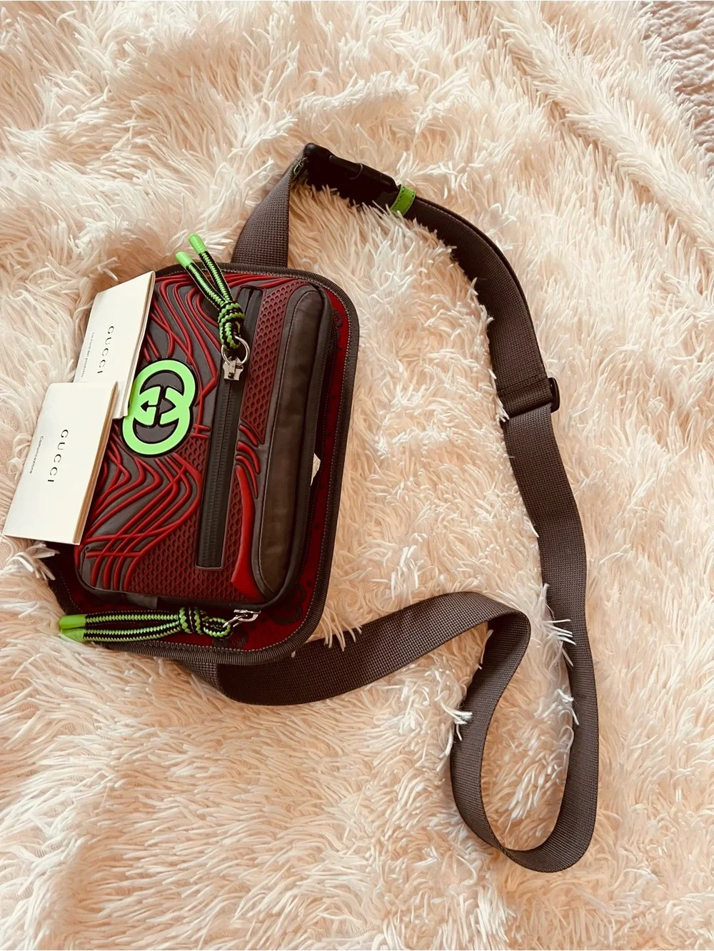 Red Leather Crossbody Belt Bag with Neon Green Accents